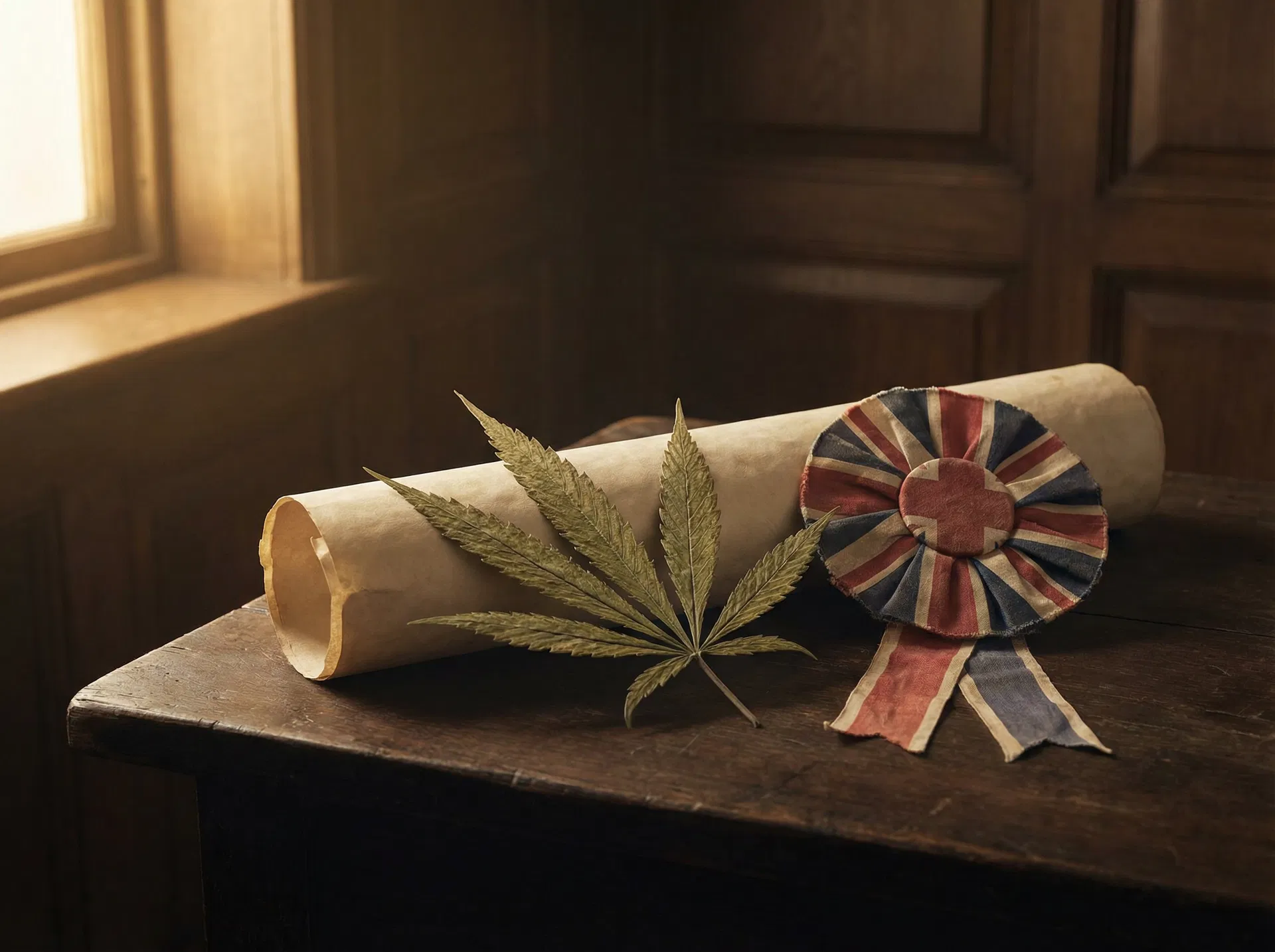 Hemp leaf on aged parchment with Union Jack rosette — symbolising the intersection of cannabis reform and British civic tradition