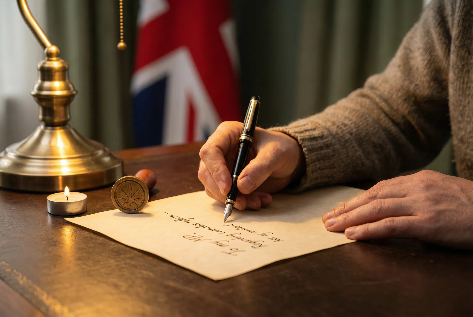 Hands writing a letter with a fountain pen on parchment paper, with a hemp-leaf wax seal and Union Jack flag in the background — symbolising civic duty and democratic participation