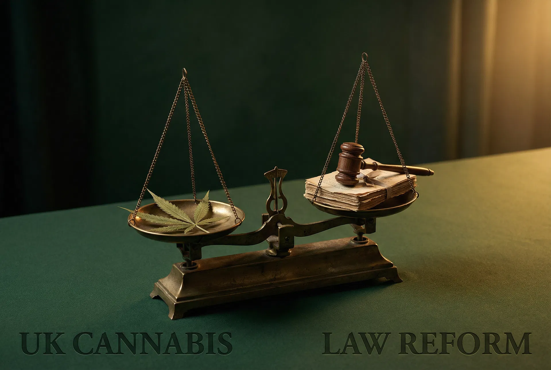 Brass scales of justice with a cannabis leaf on one side and legal documents on the other — representing the imbalance in UK drug policy