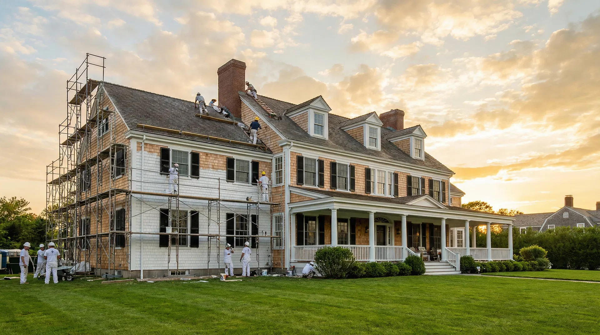 Professional contractors renovating a New England colonial home