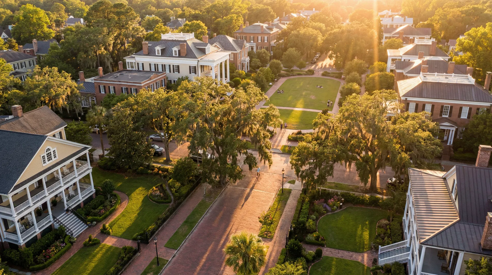 Beautiful residential neighborhood in Savannah, Georgia at golden hour