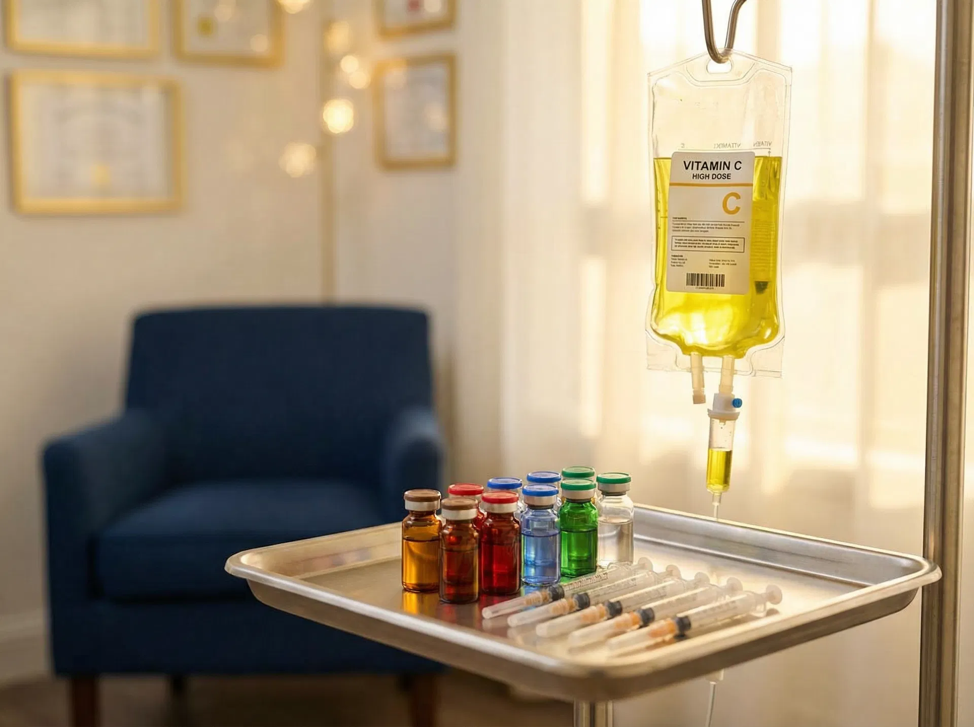 Vitamin IV drip with coloured vials