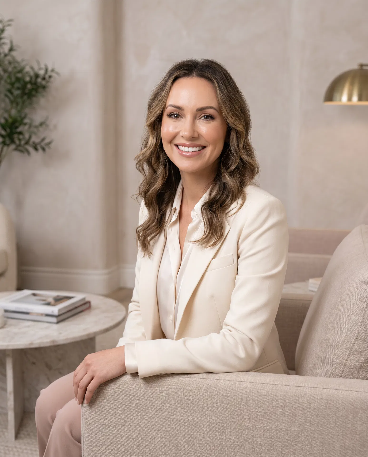 Stylish glamorous cosmetic dentistry patient smiling in a premium reception setting