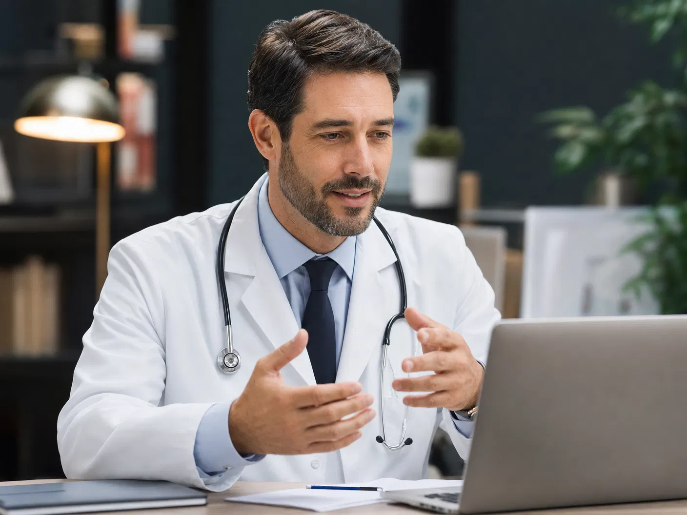 Licensed physician conducting telehealth consultation