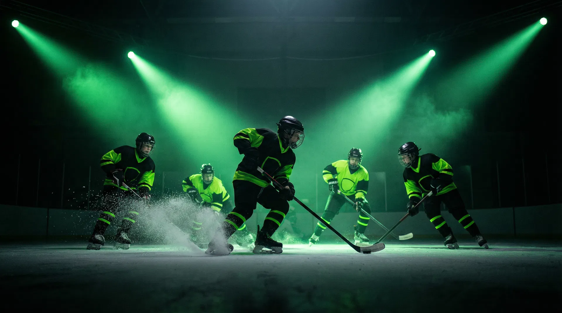 Hockey players in dramatic green lighting