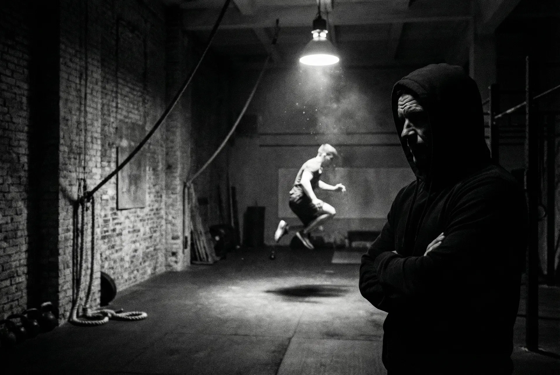 A coach observing movement in a dimly lit training space