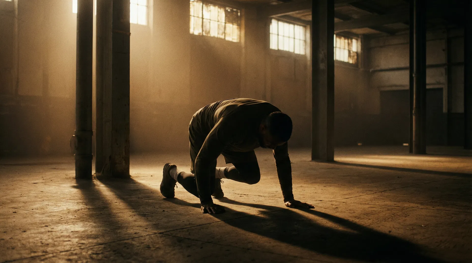 An athlete exploring ground-based movement in warm amber light