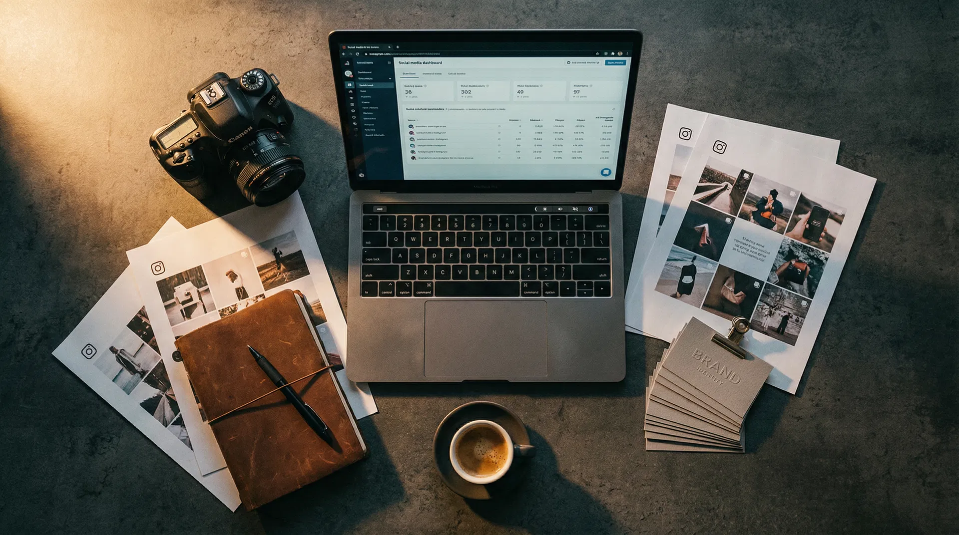 INHOUSE marketing workspace with laptop, camera, and brand materials