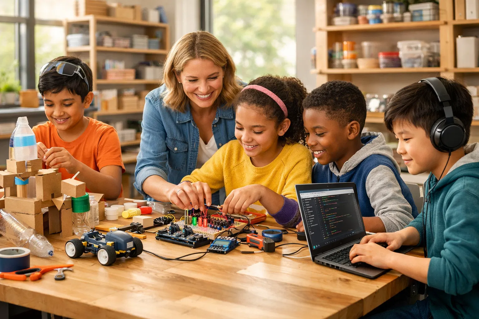 Professora e alunos em atividade maker