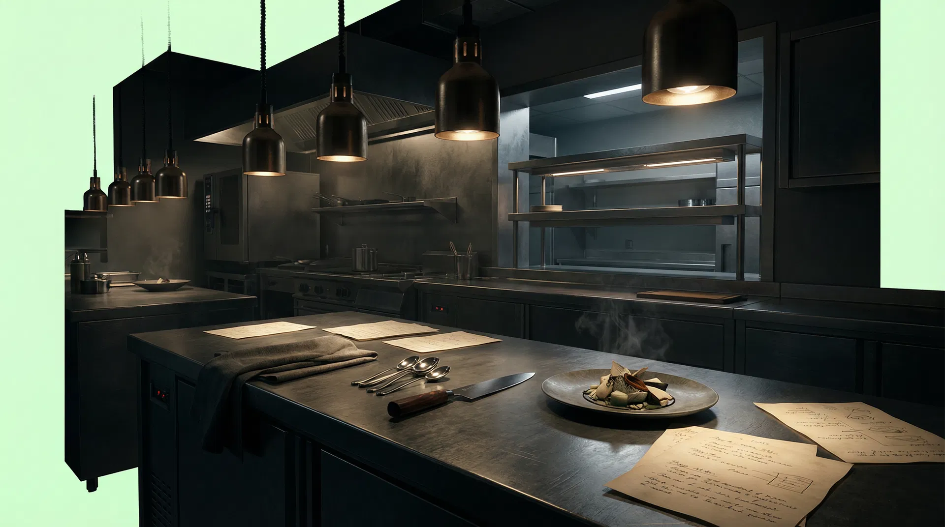 Professional kitchen environment prepared for culinary consulting work