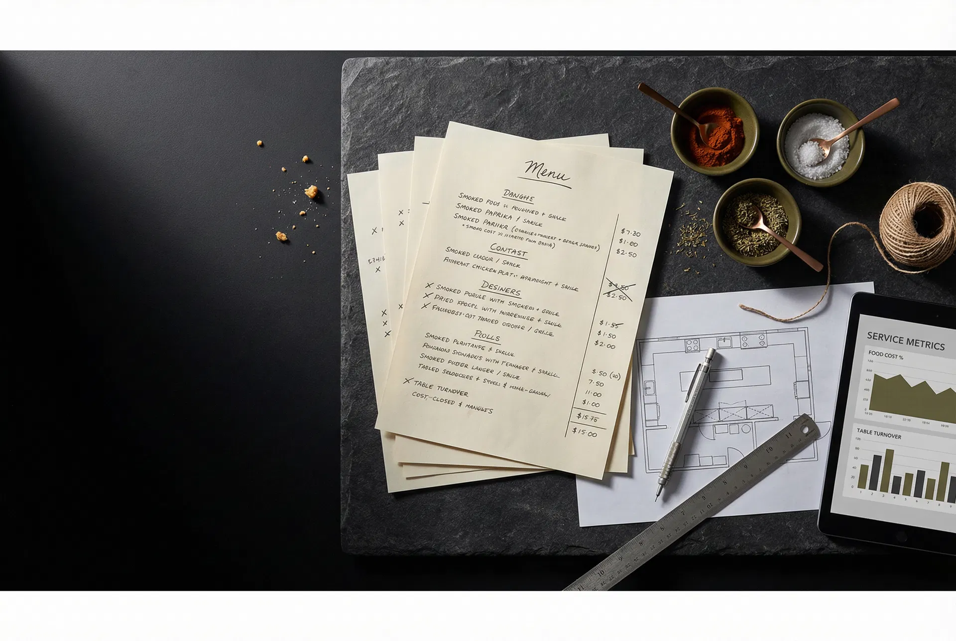 Menu audit and consulting materials on a dark table