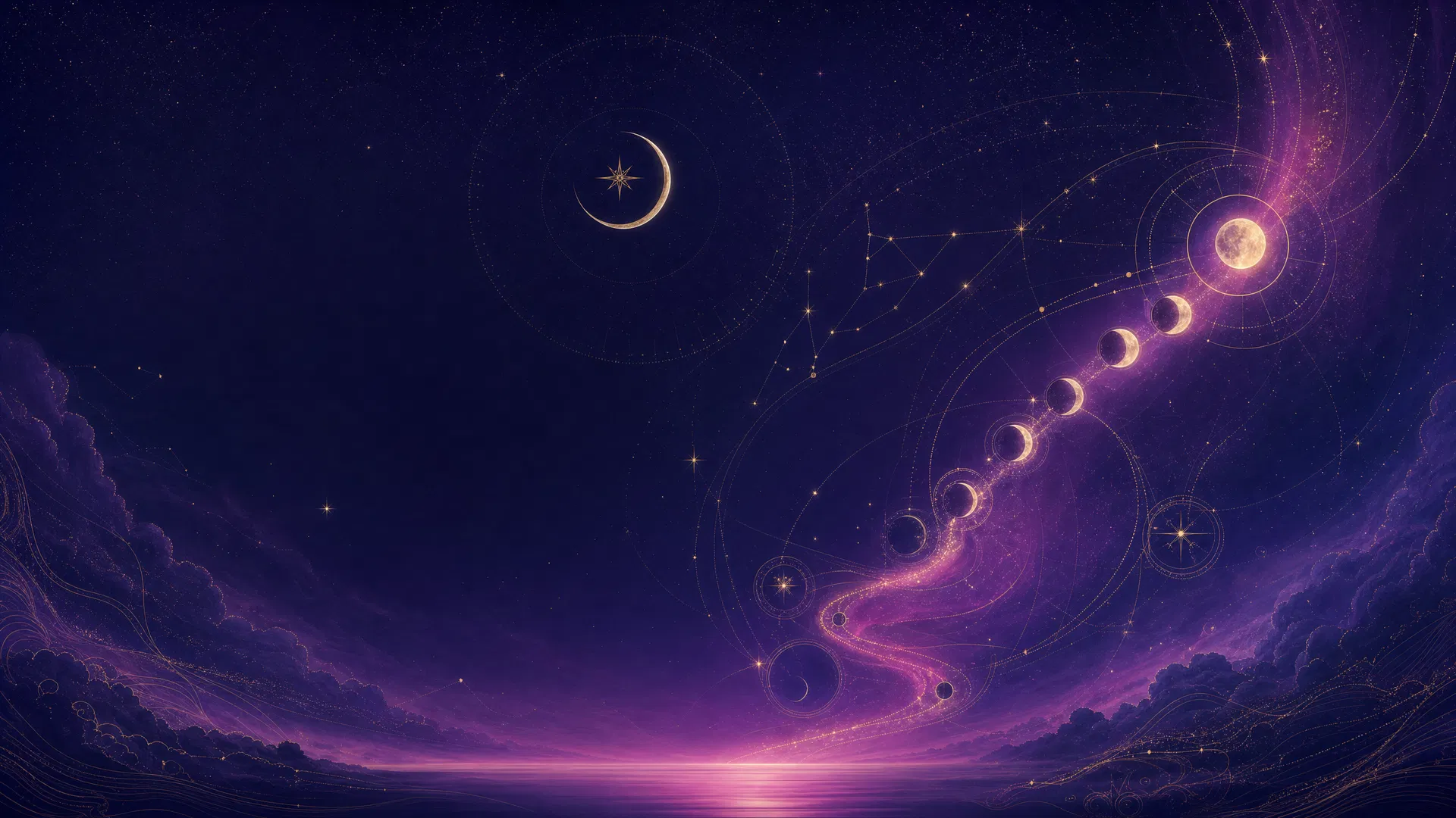 LUNAWAKE celestial timing artwork showing moon cycles and personal year rhythm