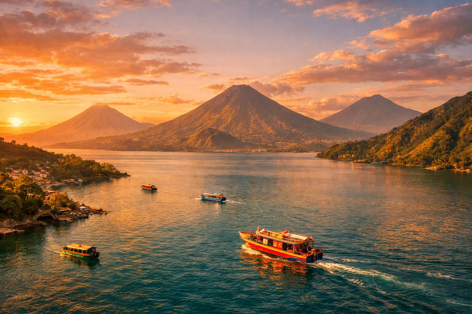 Lake Atitlan at sunset with volcanoes