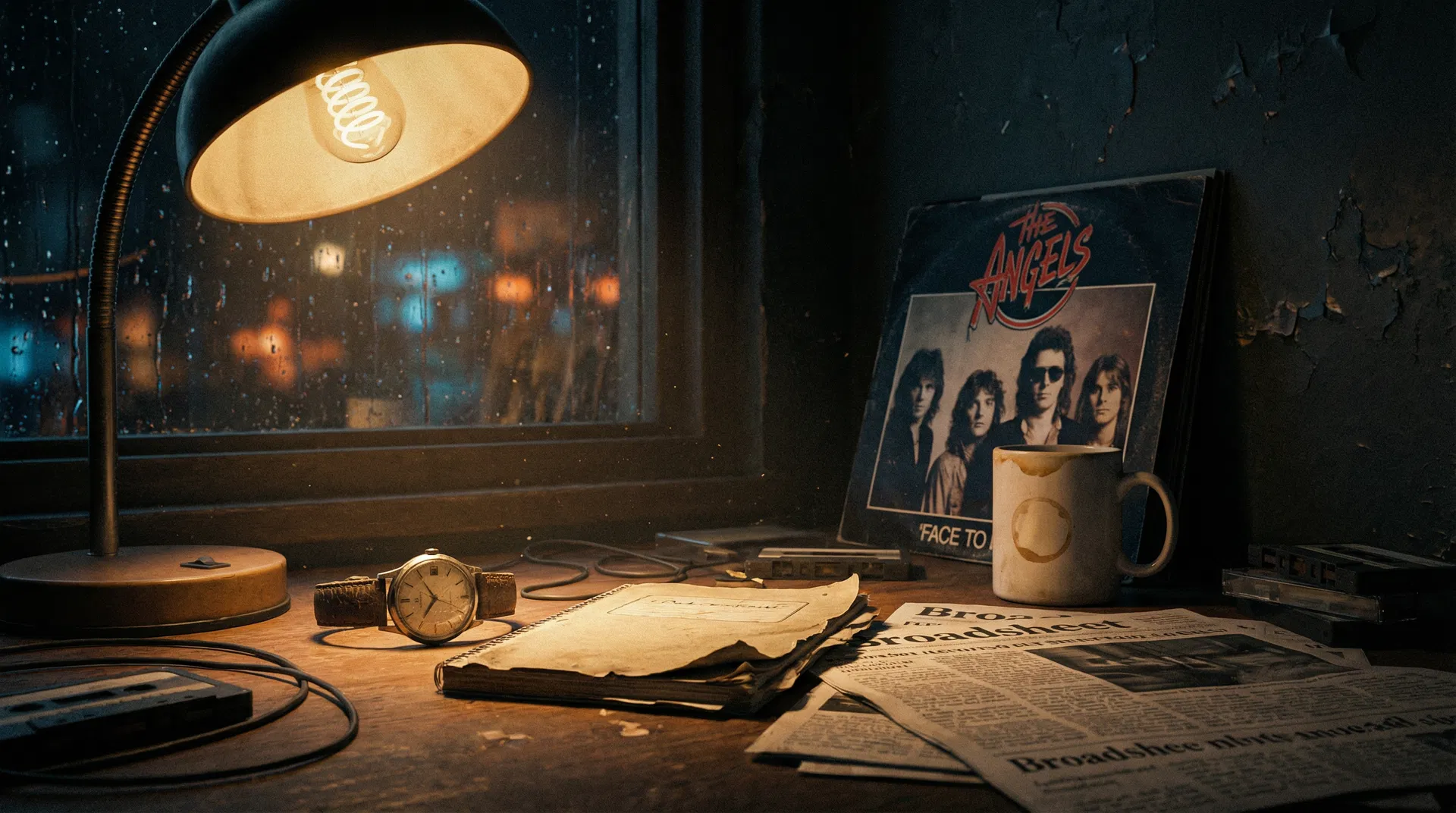 Late night desk with watch, vinyl record and lamp