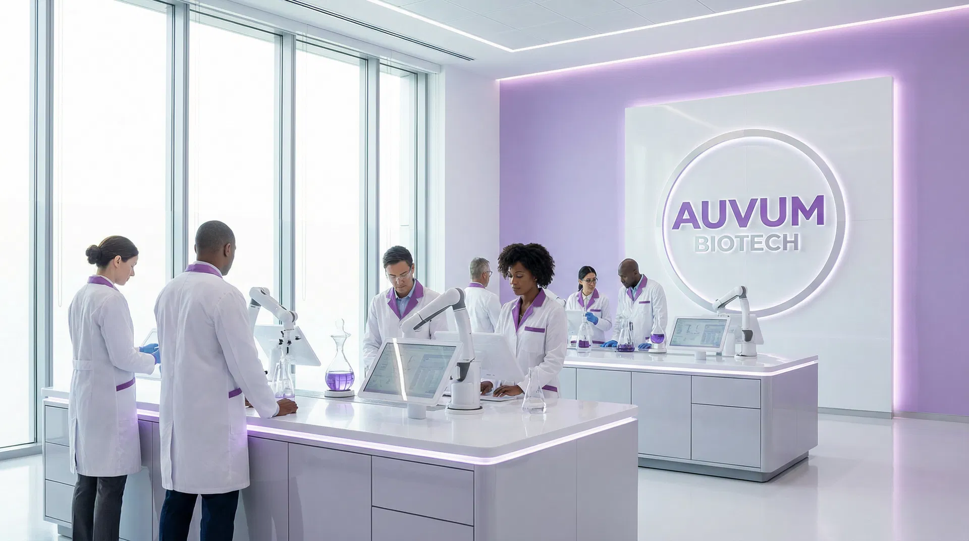 Futuristic Apple-inspired biotech clinic with cutting-edge technology and physicians