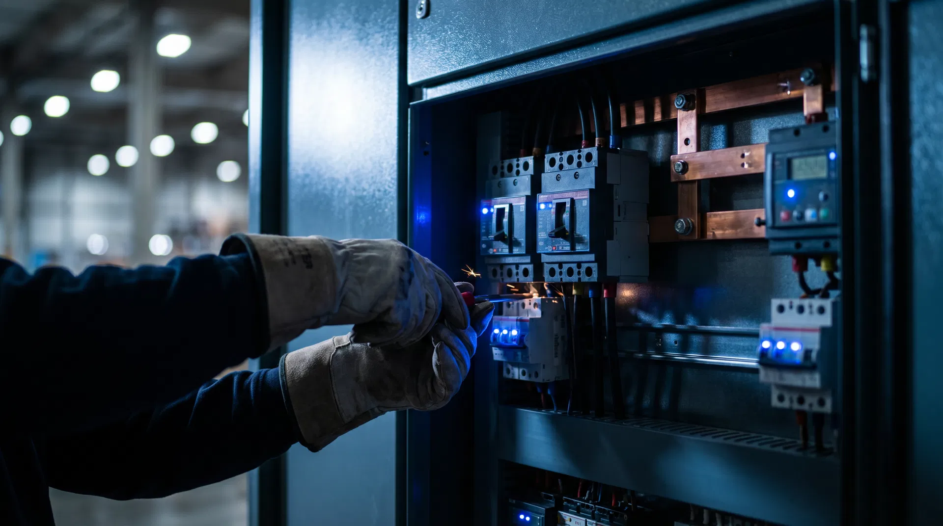 Licensed electrician working on industrial electrical panel — Modern Electrical Contractors INC Toronto