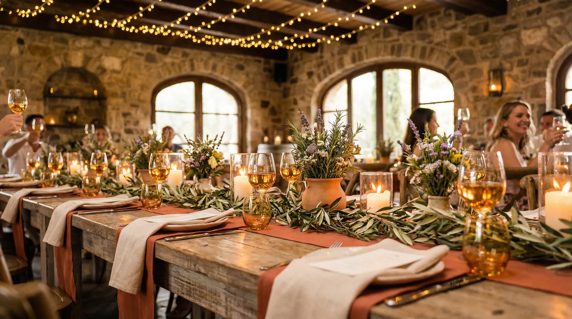 Elegant private dining setup with candles and olive branch garlands