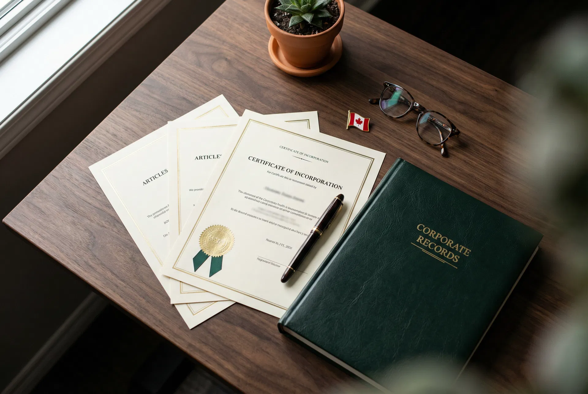 Best Ontario Inc. - Professional Incorporation Documents and Corporate Supplies Canadian business incorporation documents, certificate of incorporation, corporate records book, and corporate seal on walnut desk