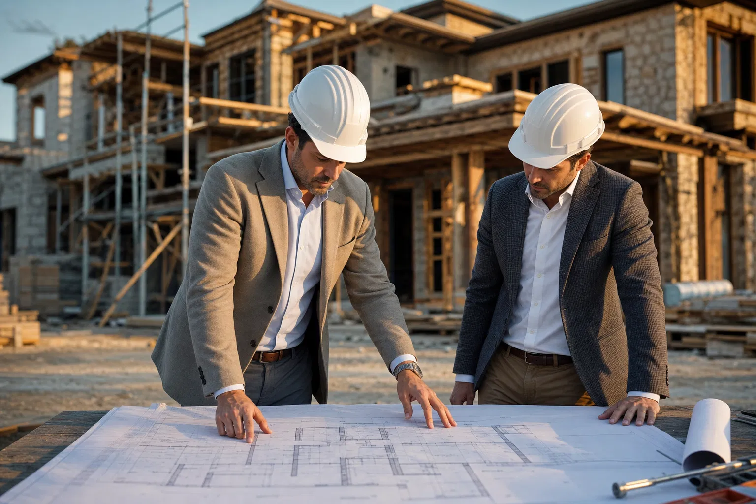 Keystone Developments team reviewing architectural blueprints at a construction site in the GTA