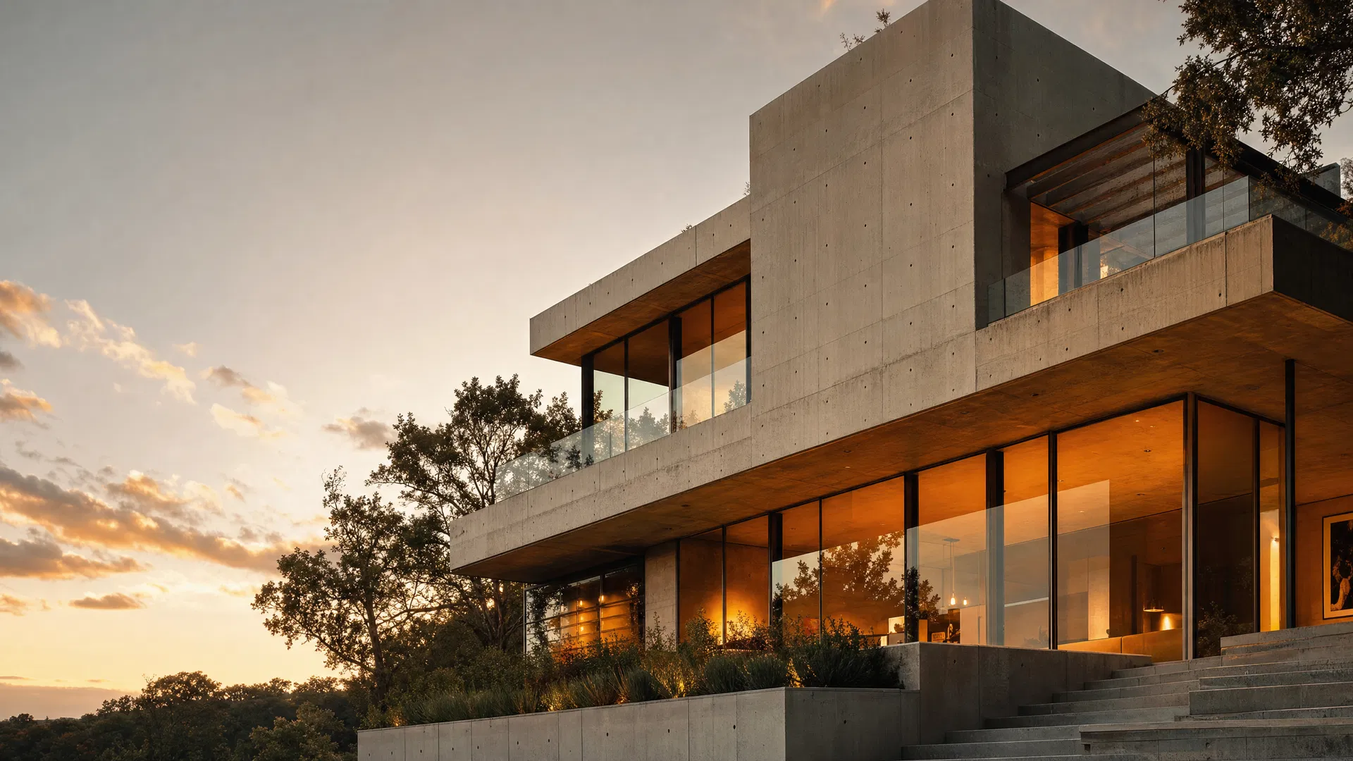 Luxury concrete and glass home at golden hour — Keystone Developments GTA