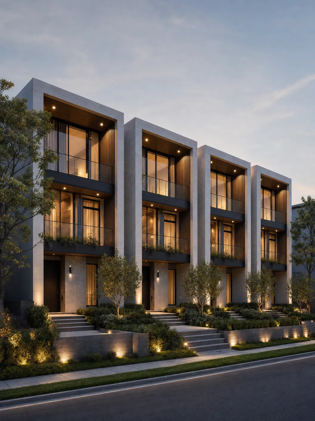 Luxury residential townhome development at dusk by Keystone Developments GTA