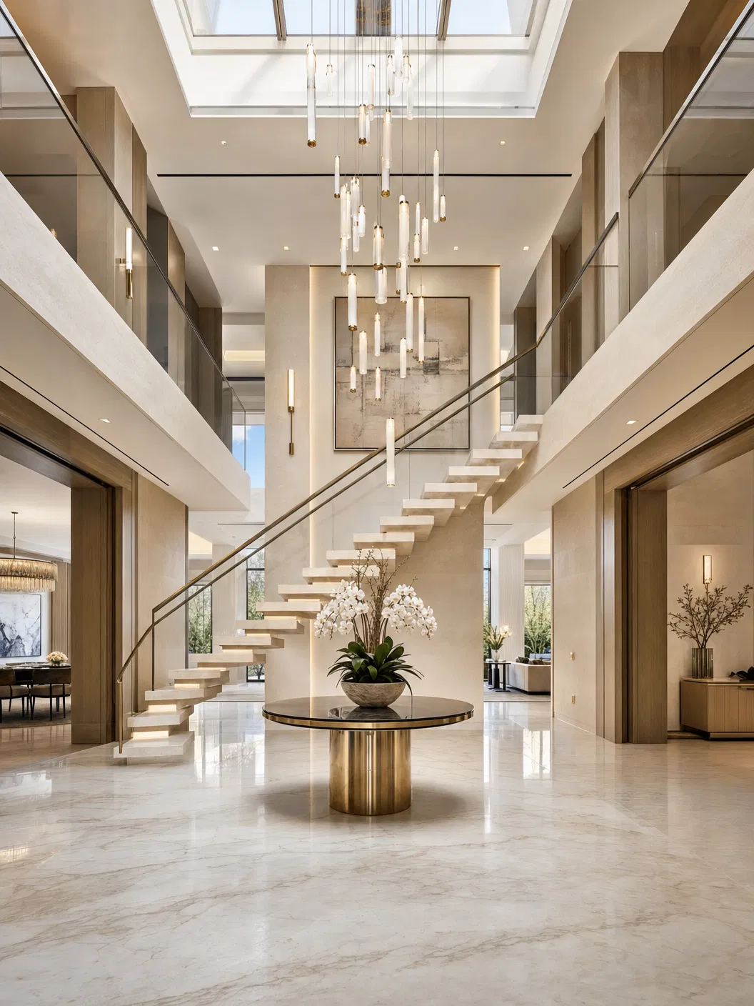 Grand double-height luxury home foyer with floating staircase by Keystone Developments