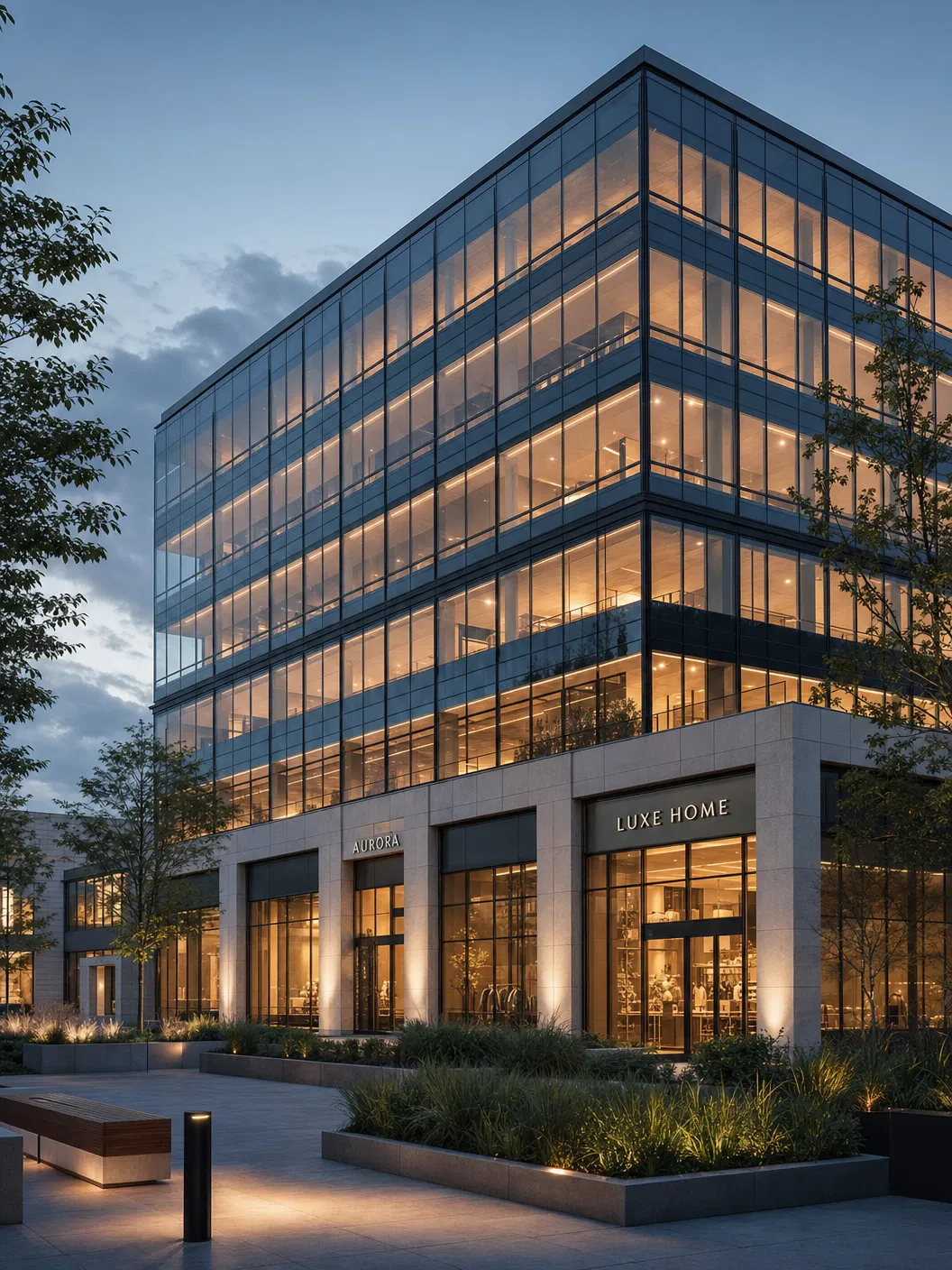 Modern commercial office building exterior at dusk by Keystone Developments
