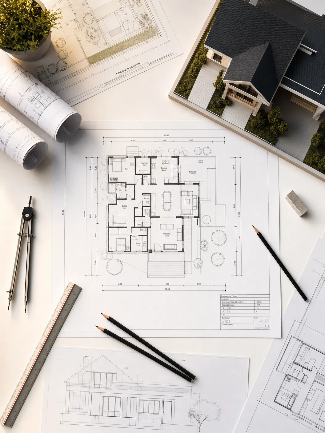 Architectural blueprints and floor plans on a drafting table — Keystone Project Management