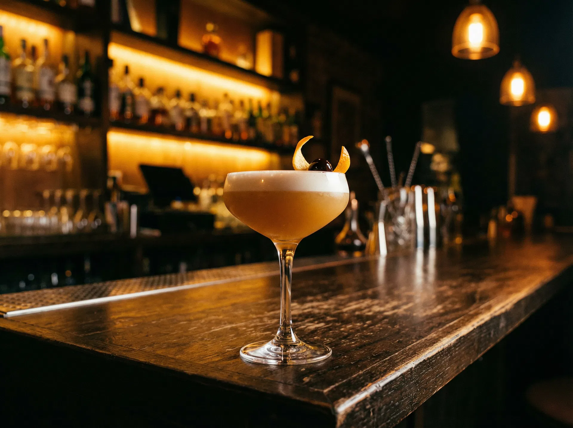 Beautifully crafted whiskey sour cocktail in a coupe glass with foam top and orange peel garnish at Jane bar