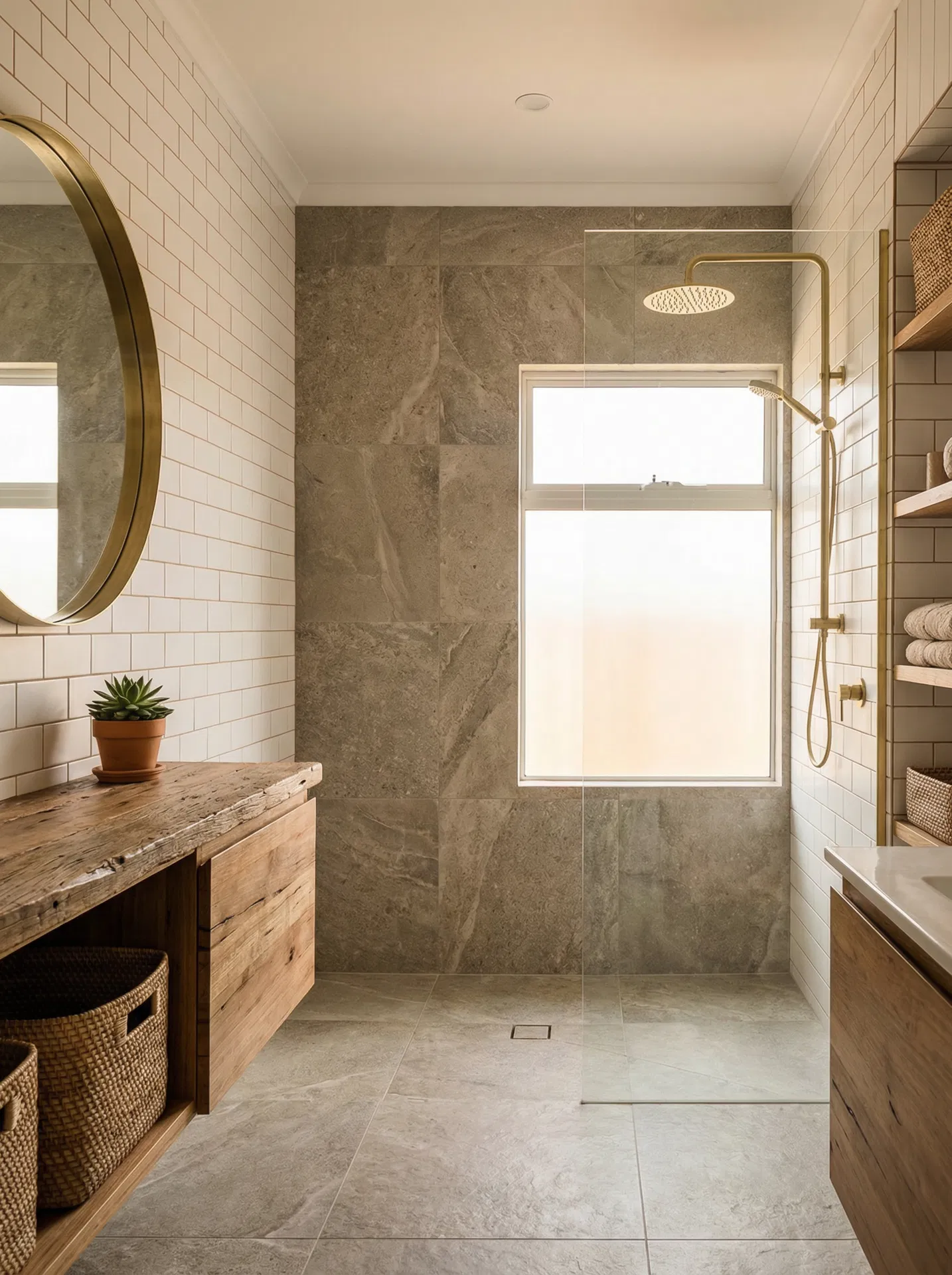 Greening Homes - Spa-Like Bathroom Eco-friendly bathroom renovation with natural stone, reclaimed wood vanity, and brass fixtures by Greening Homes