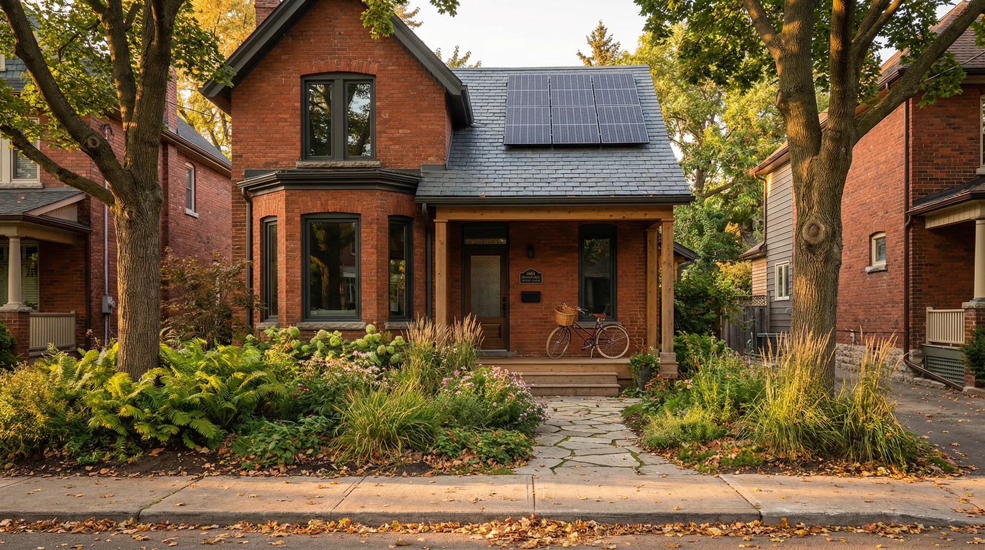Greening Homes - Sustainable Home Exterior Renovation Toronto Beautiful Toronto Victorian home with eco-friendly renovations, solar panels, lush native garden, and bicycle on porch