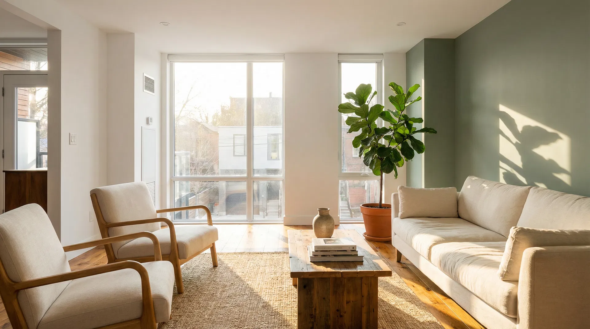 Greening Homes - Eco-Friendly Living Room Renovation in Toronto Beautiful eco-friendly living room renovation by Greening Homes featuring sustainable hardwood floors, natural light, and indoor plants