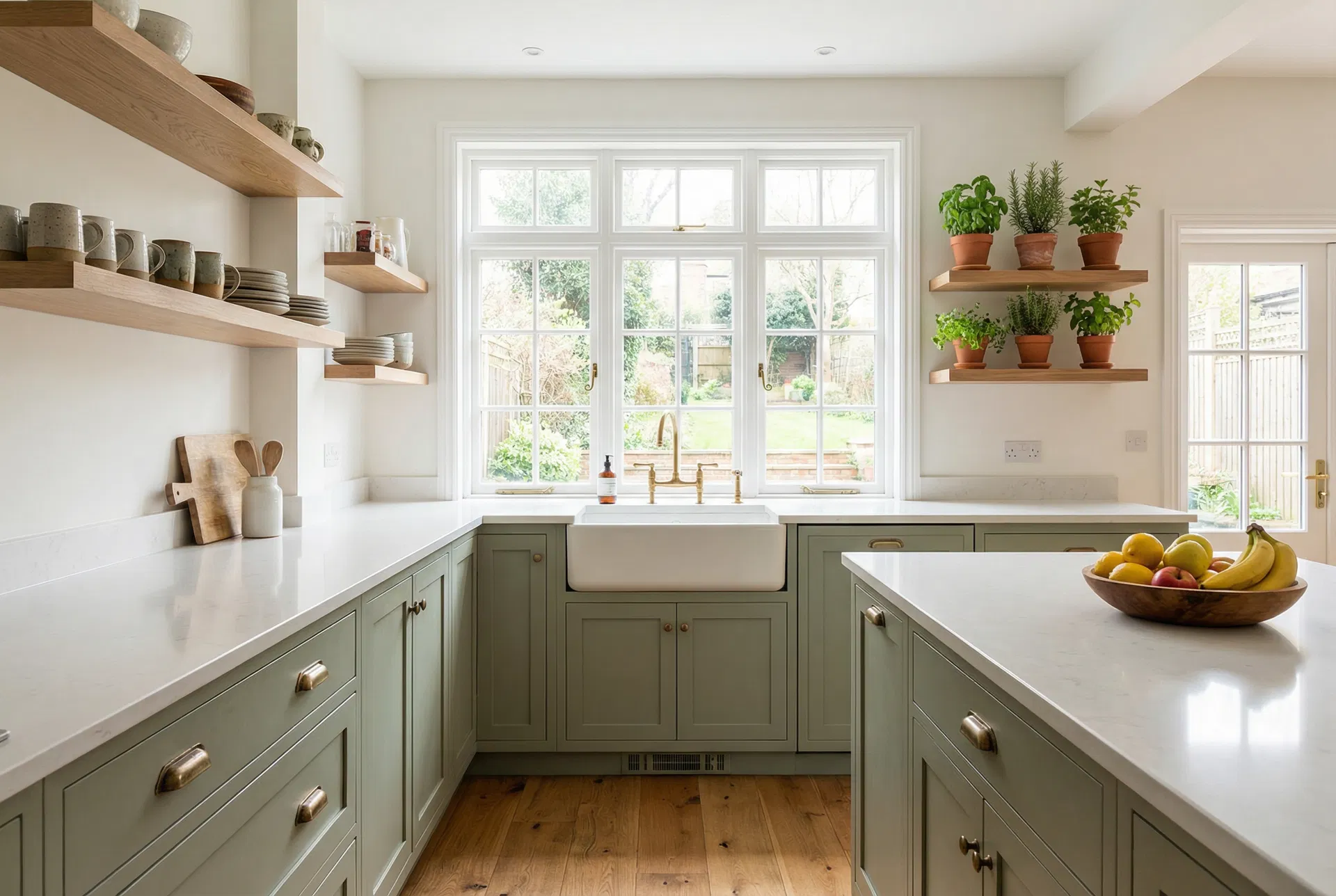 Greening Homes - Modern Eco Kitchen Modern sustainable kitchen renovation with sage green cabinets, natural wood shelving, and brass fixtures by Greening Homes
