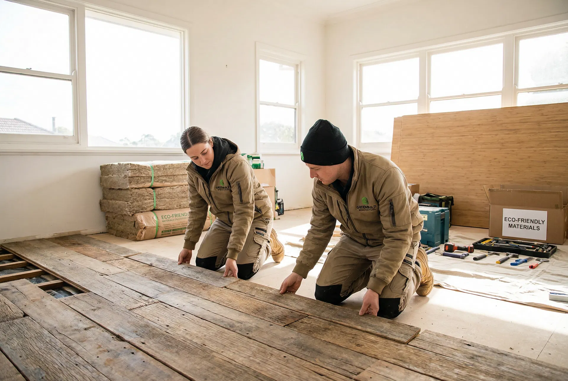Greening Homes - Professional Eco-Friendly Renovation Crew Greening Homes professional crew carefully installing reclaimed wood flooring using eco-friendly building materials