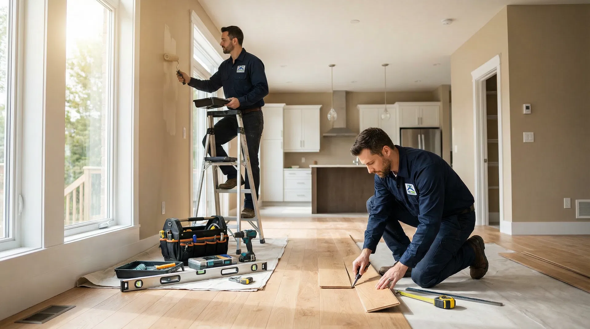 Task Magic handymen working inside a home - painting and installing flooring in Toronto