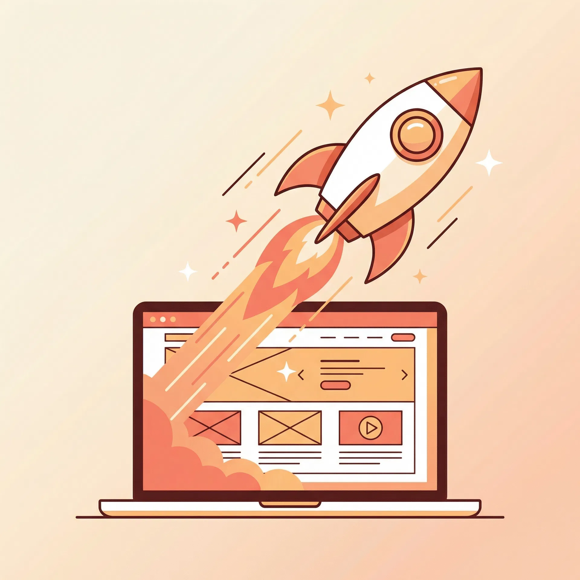Rocket launching from a laptop - fast website delivery illustration