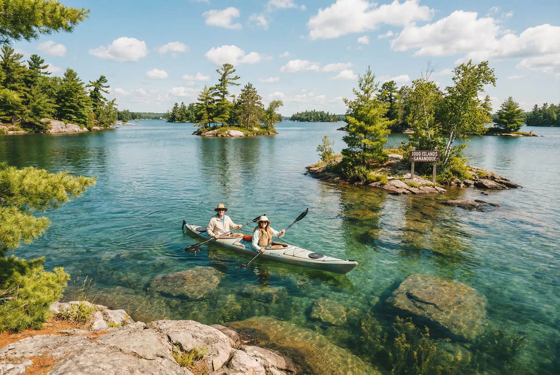 Couple kayaking on crystal clear turquoise water between forested islands in the Thousand Islands region
