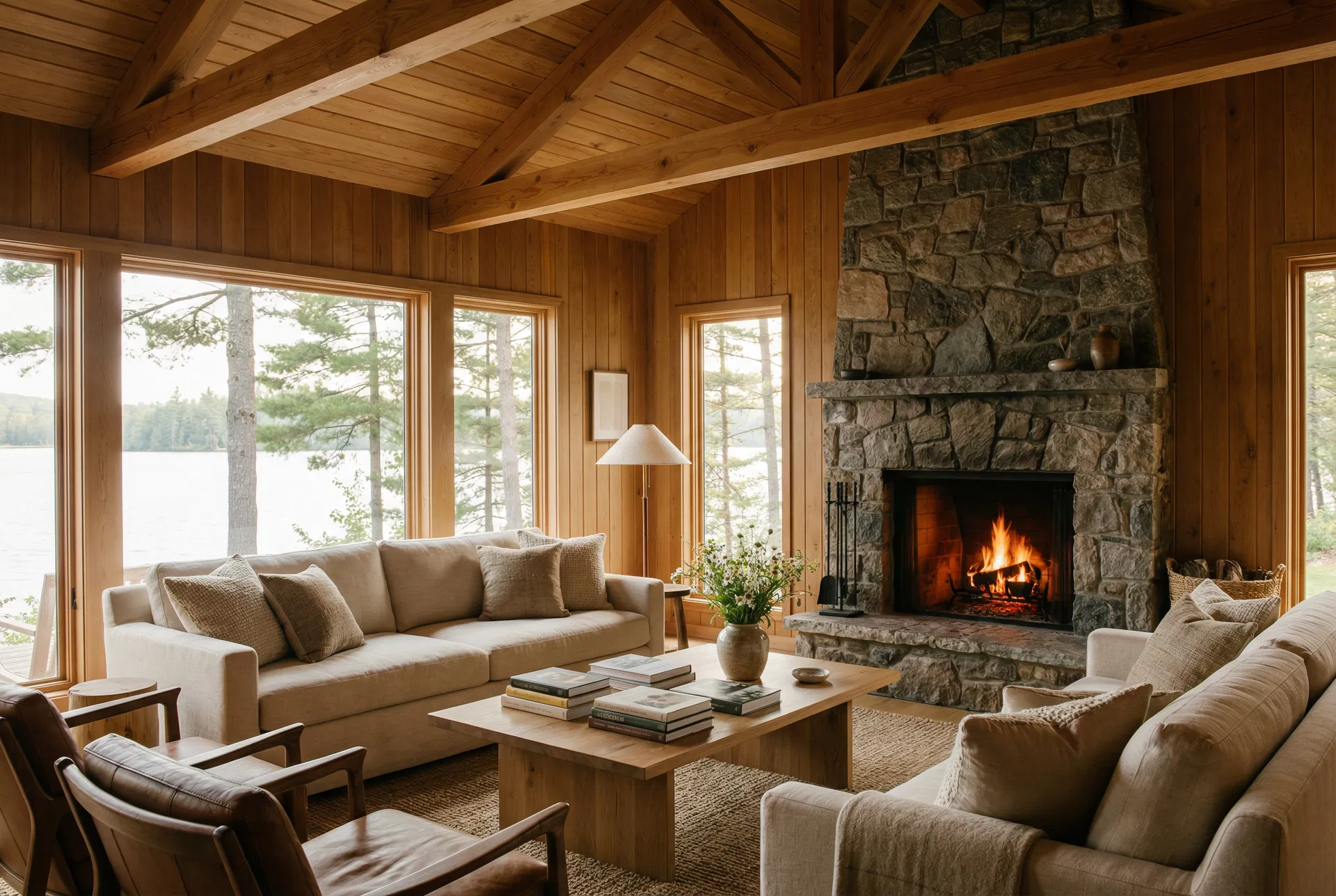 Beautifully designed modern cottage living room with stone fireplace, linen sofas, and lake views through floor-to-ceiling windows