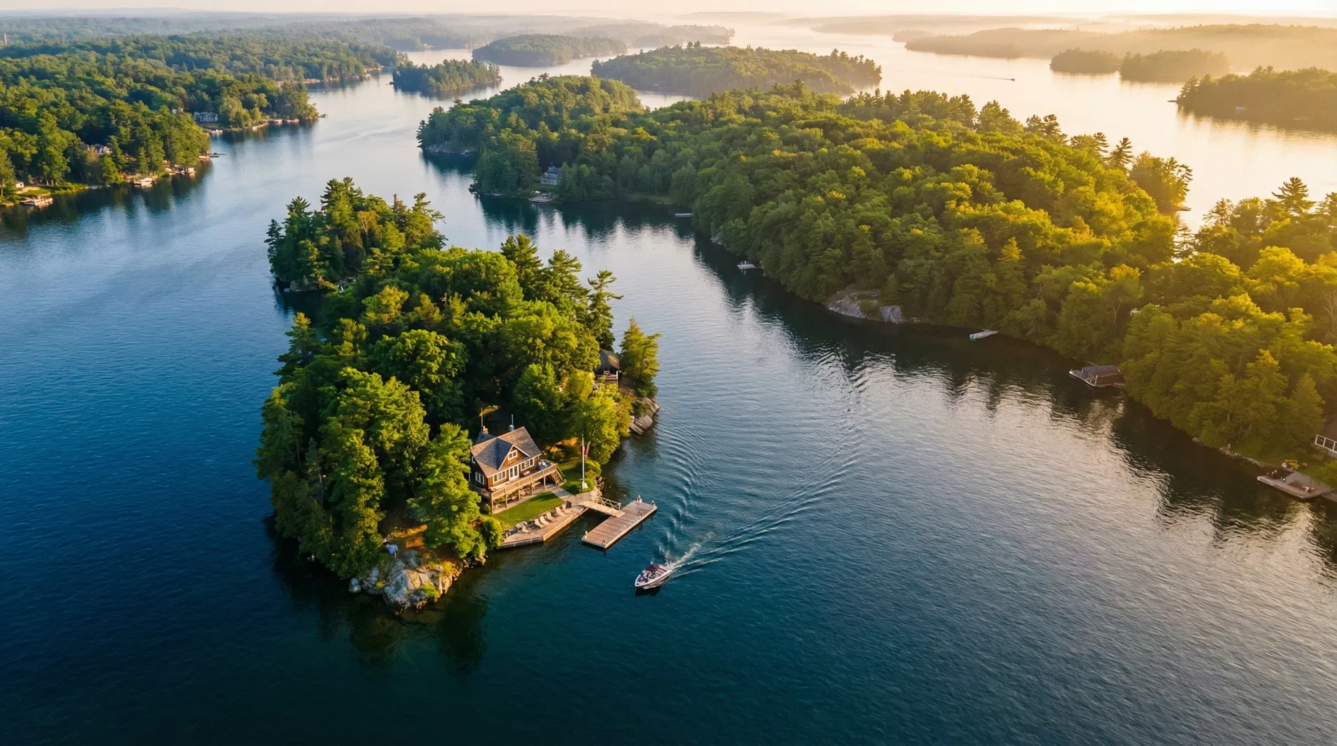 Aerial view of the Thousand Islands region with waterfront cottages and lush green islands on the St. Lawrence River