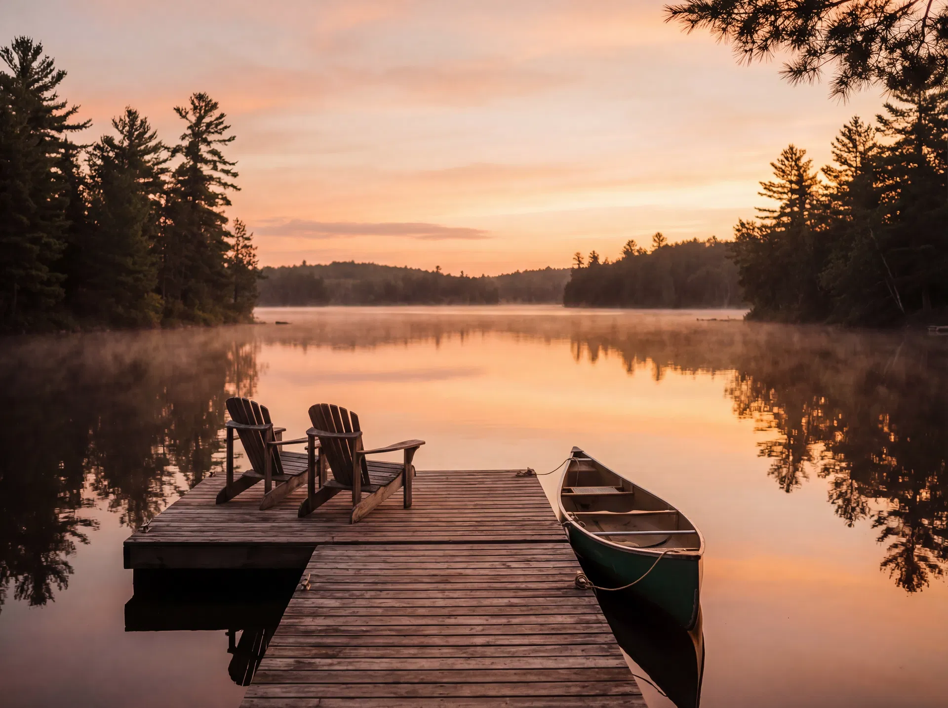 Private wooden dock with Muskoka chairs at sunset on a calm Ontario lake, canoe tied to dock