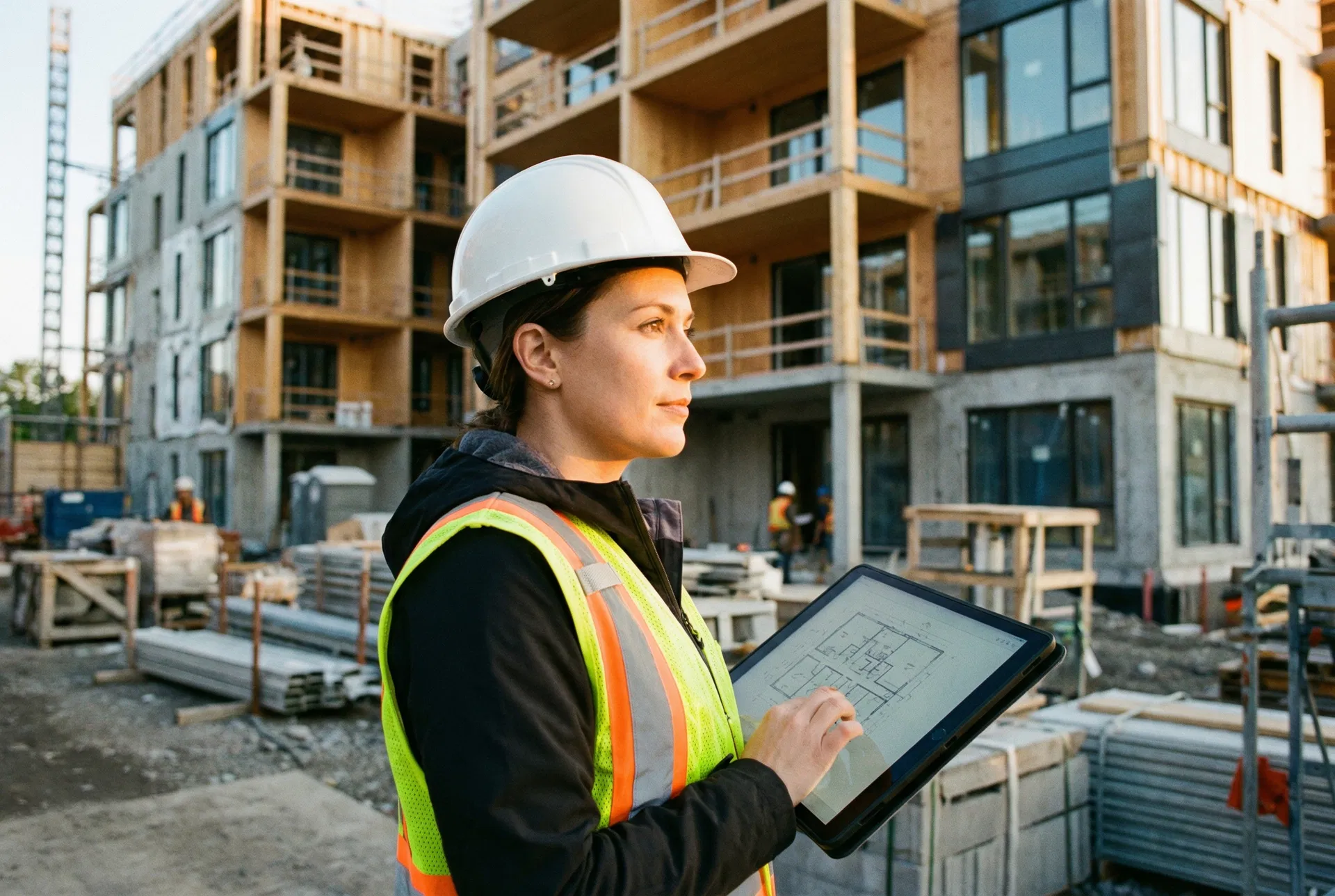 BATISStiq — Experienced construction professionals managing your project Construction project manager reviewing architectural plans on tablet at a Montreal residential construction site