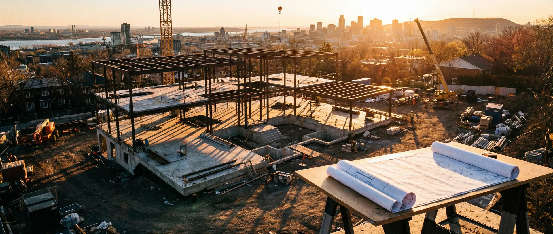 BATISStiq — Construction consulting from concept to completion in Montreal Aerial view of a Montreal construction project at golden hour with steel framework and architectural blueprints
