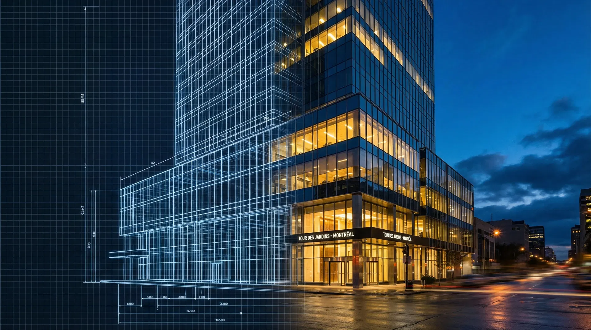 BATISStiq — From blueprint to reality, our structured process delivers results Modern Montreal building transitioning from architectural blueprint wireframe to completed construction at twilight
