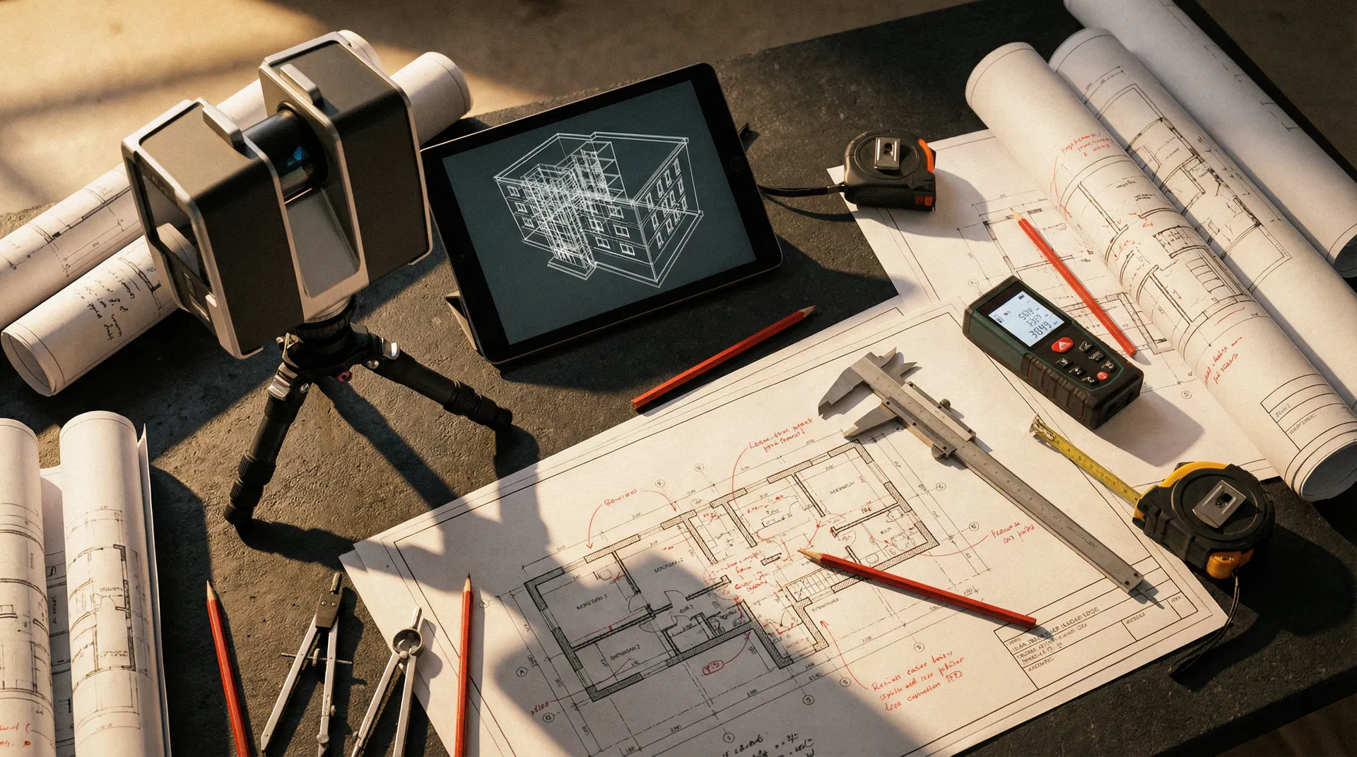 LiDAR scanning equipment and architectural blueprints with construction drawings on a professional desk