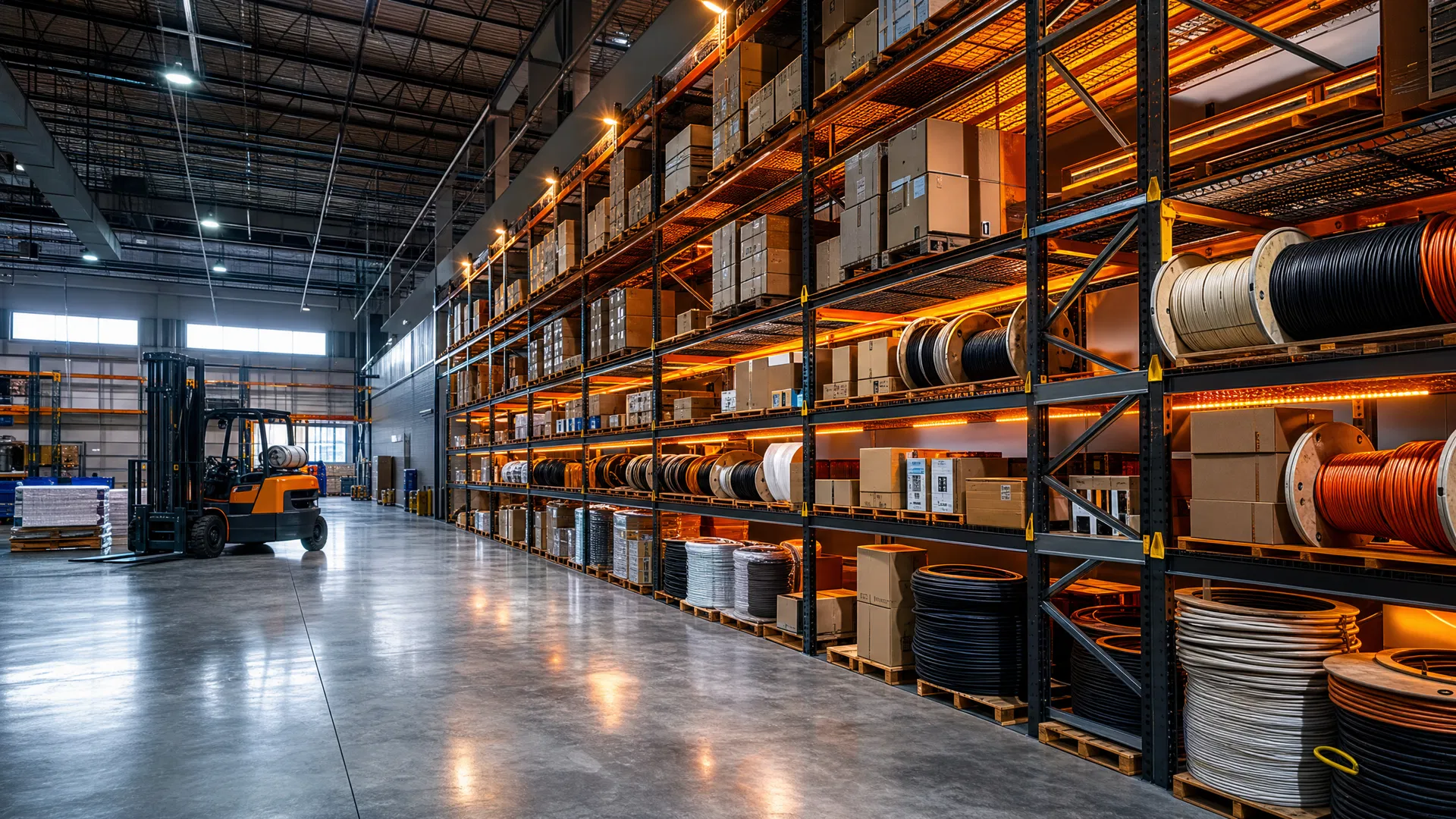PSI Data warehouse and distribution centre in Kitchener Ontario — cable reels and product inventory