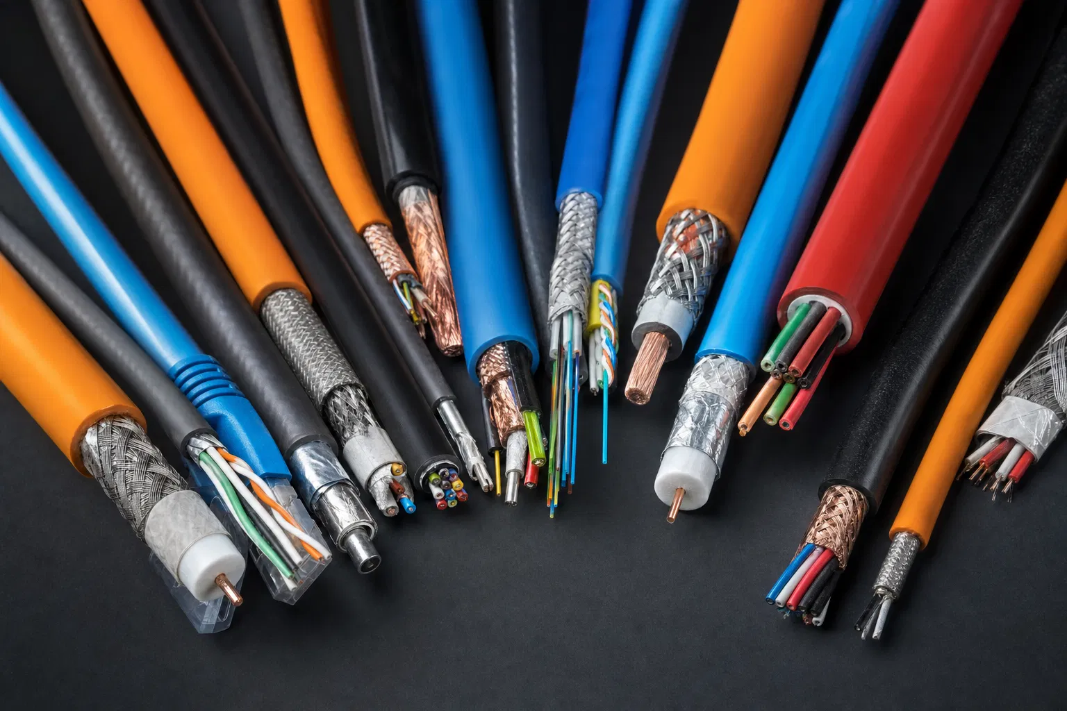 PSI Data engineered cable product range — cross-section view of multiple cable types