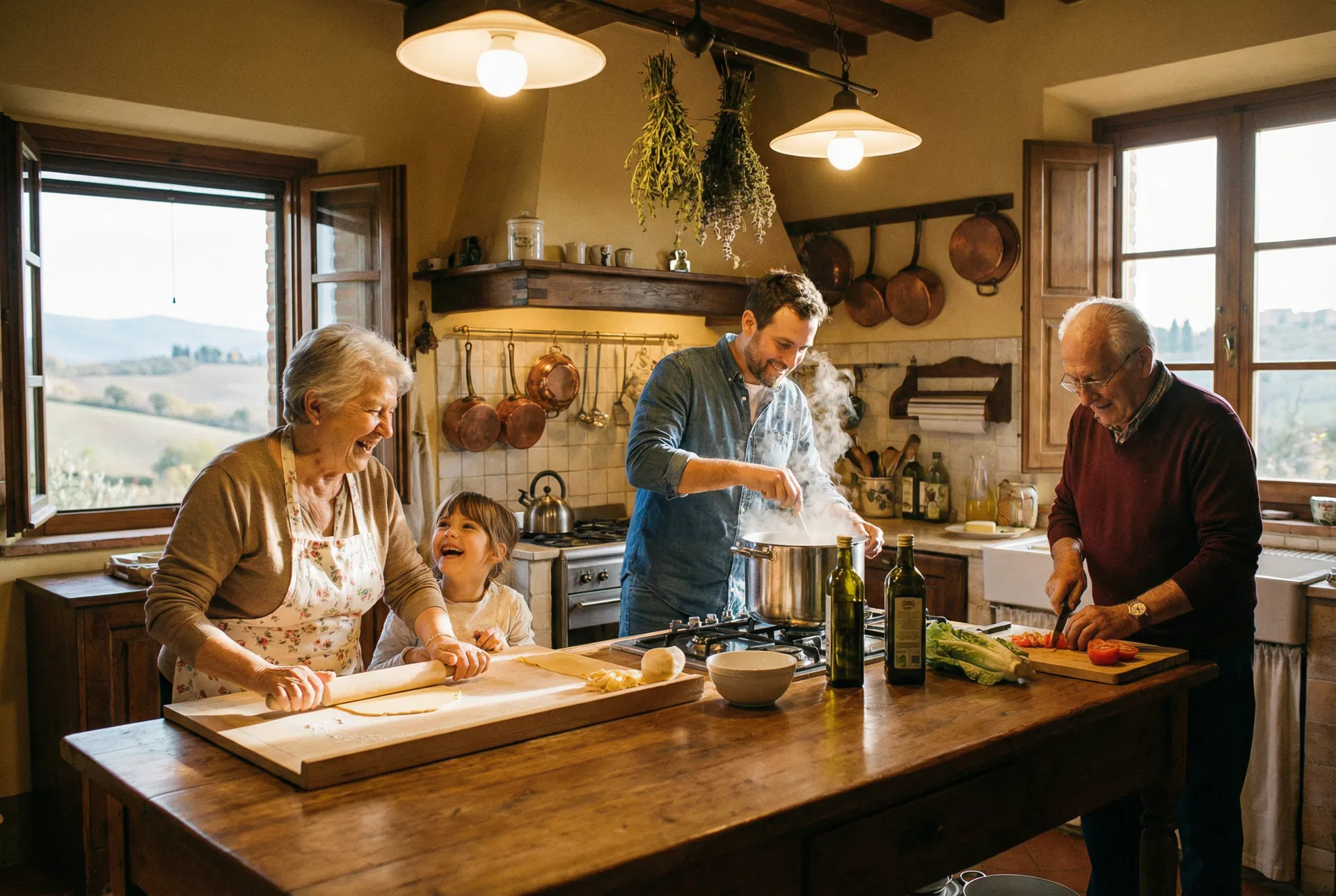 Three generations of Italian family cooking together at Pizza e Pazzi