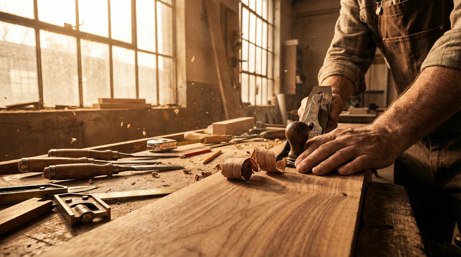 Skilled craftsman working with hand plane in warm workshop with golden light