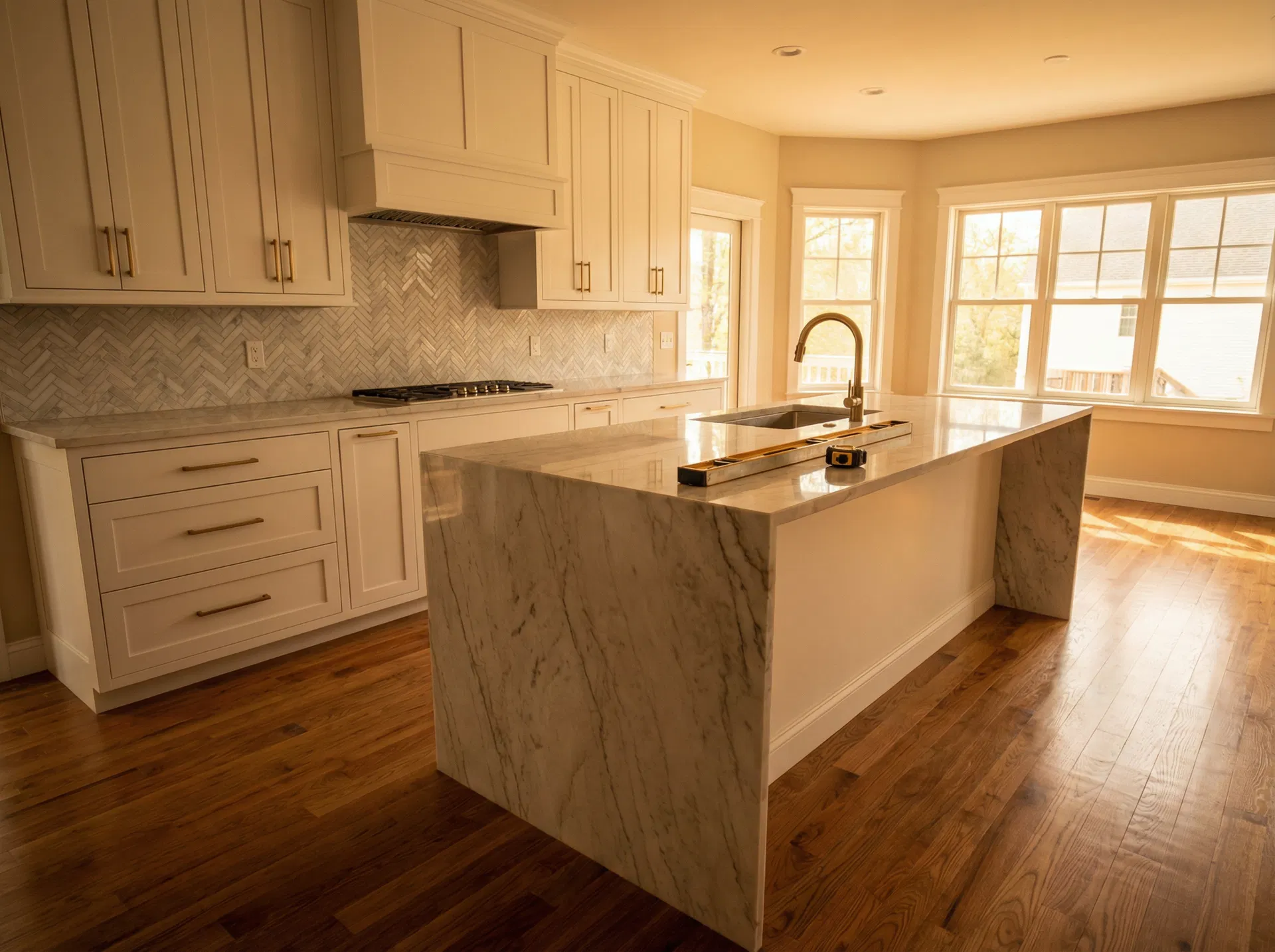 Completed modern kitchen renovation with white shaker cabinets, marble waterfall island, and herringbone backsplash