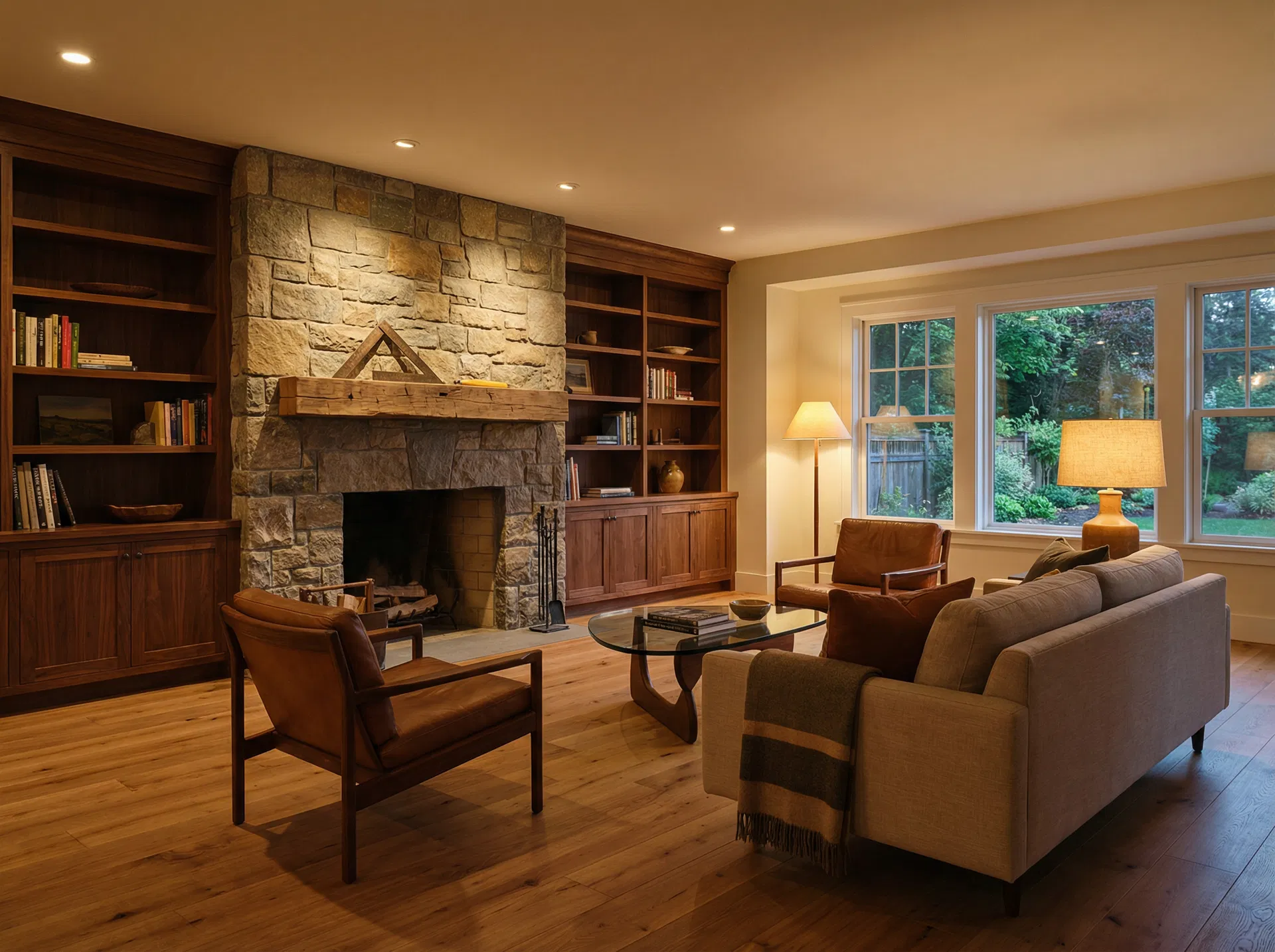 Custom built-in bookshelves and stone fireplace surround in warm living room with hardwood floors